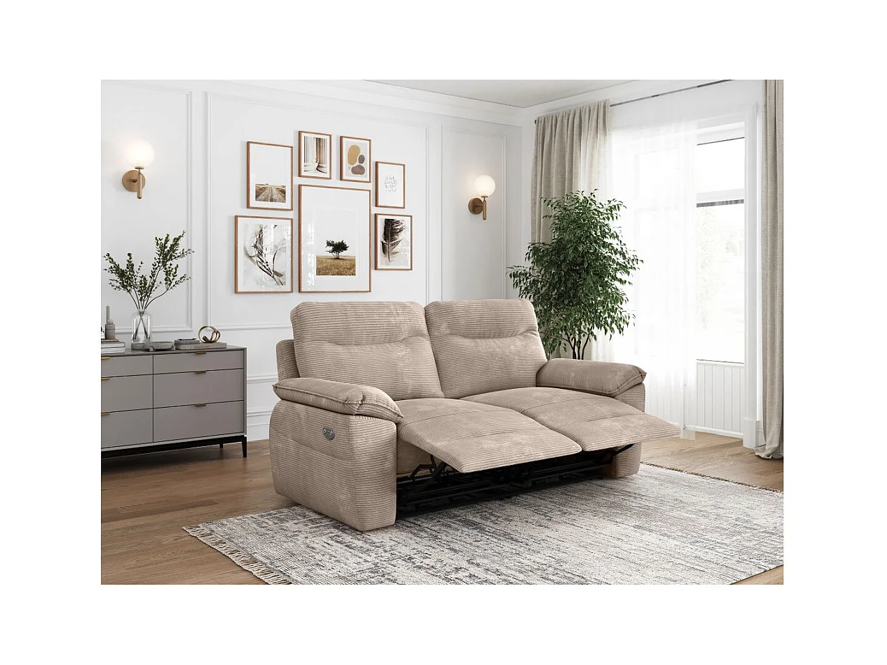 Canapé de relaxation électrique Ross 3 places en velours côtelé - Taupe - L200 x P100 x H102cm - Loungitude