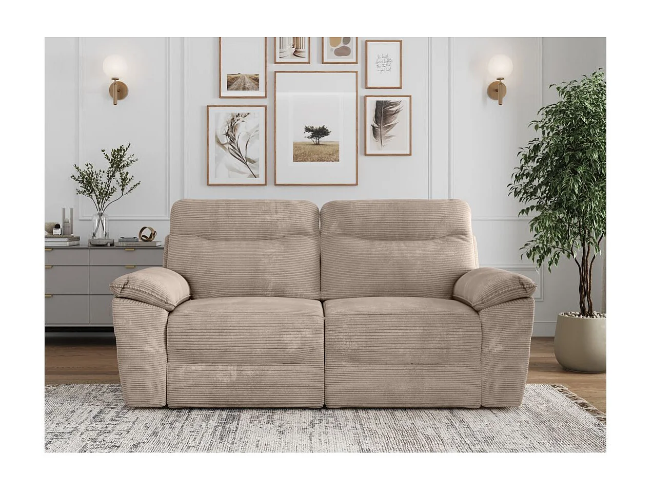 Canapé de relaxation électrique Ross 3 places en velours côtelé - Taupe - L200 x P100 x H102cm - Loungitude