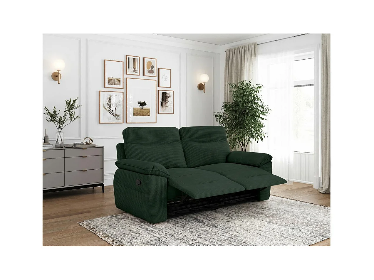 Canapé de relaxation manuel Ross 3 places en velours côtelé - Vert foncé - L200 x P100 x H102cm - Loungitude
