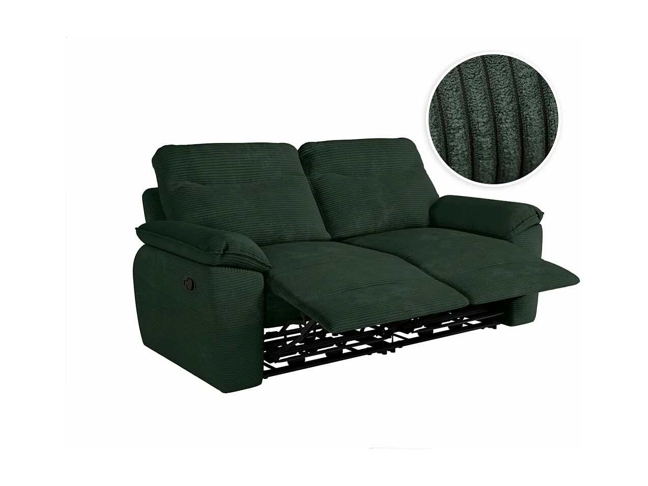 Canapé de relaxation manuel Ross 3 places en velours côtelé - Vert foncé - L200 x P100 x H102cm - Loungitude