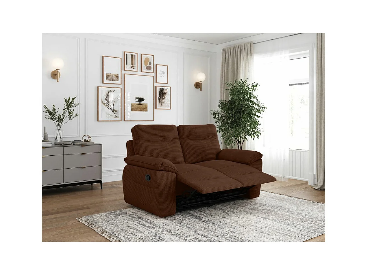 Canapé de relaxation manuel Ross 2 places en velours côtelé - Marron - L160 x P100 x H102cm - Loungitude