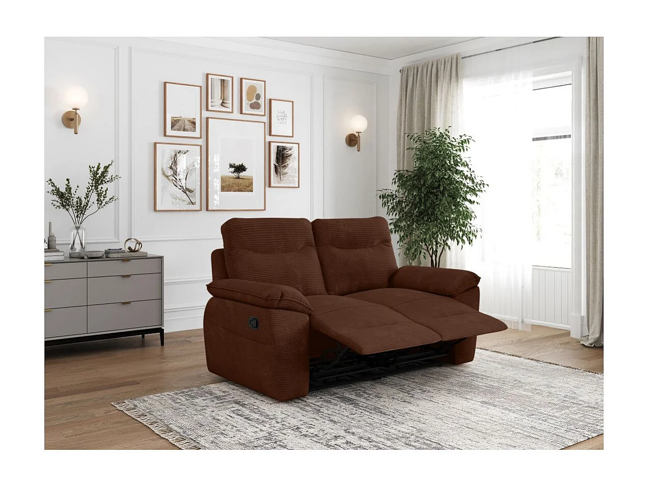 Canapé de relaxation manuel Ross 2 places en velours côtelé - Marron - L160 x P100 x H102cm - Loungitude