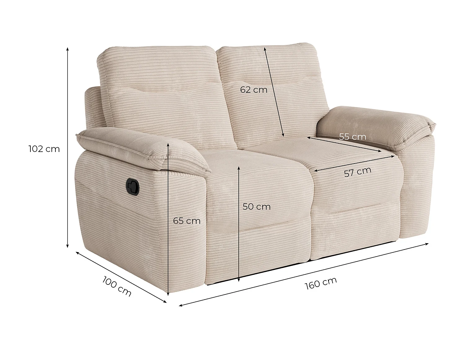 Canapé de relaxation manuel Ross 2 places en velours côtelé - Marron - L160 x P100 x H102cm - Loungitude