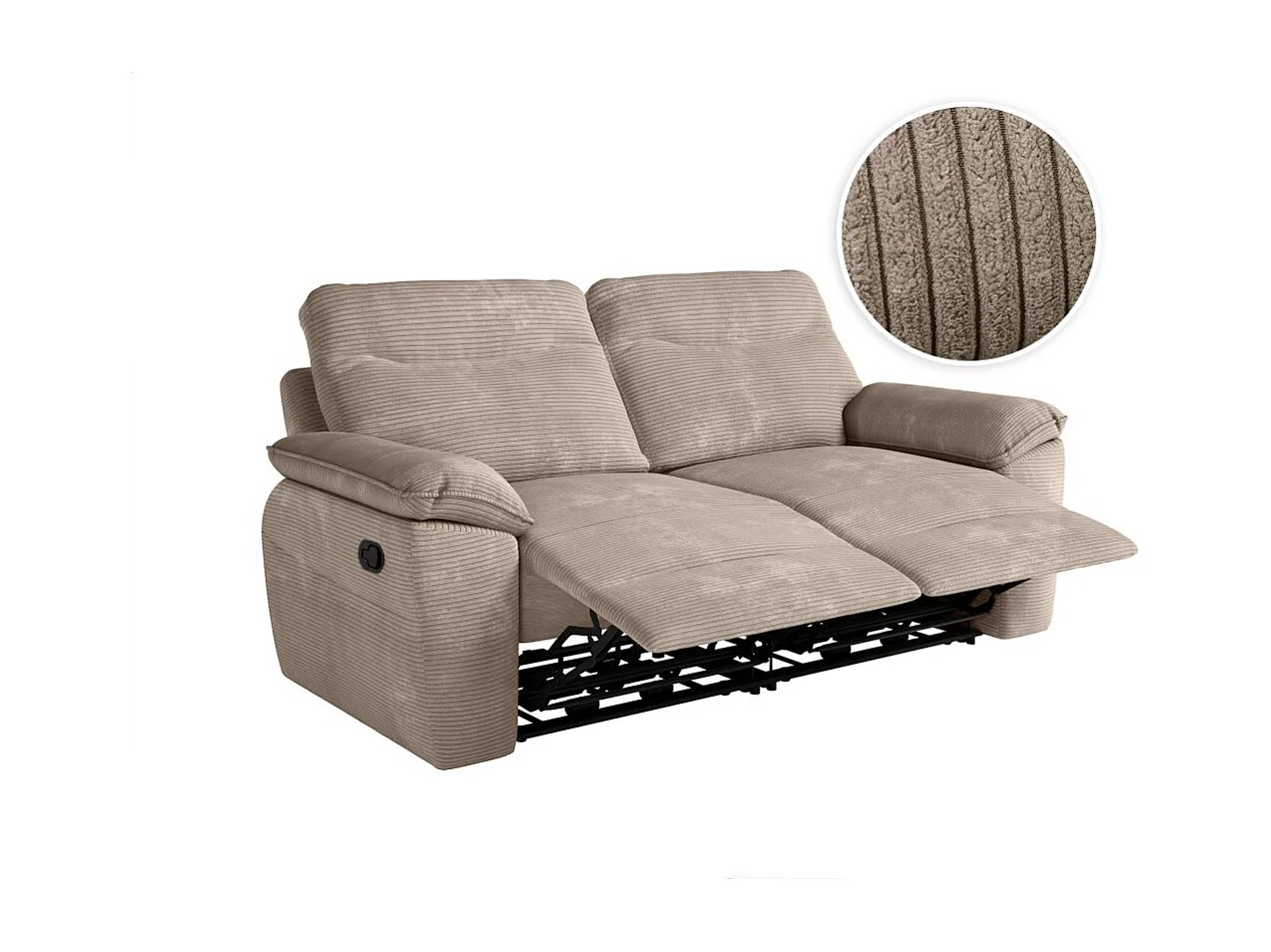 Canapé de relaxation manuel Ross 3 places en velours côtelé - Taupe - L200 x P100 x H102cm - Loungitude