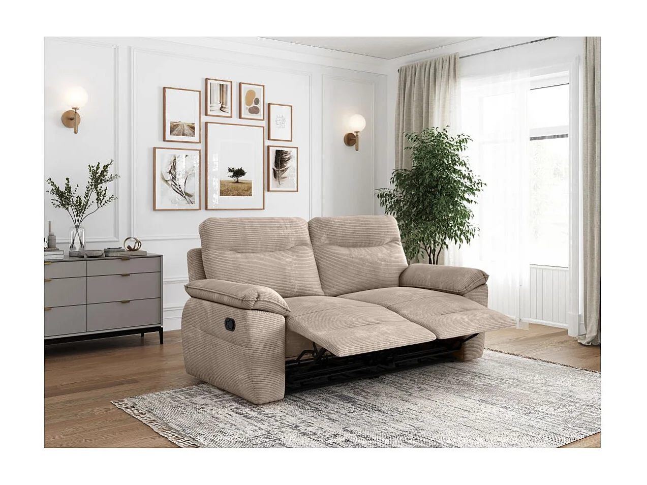 Canapé de relaxation manuel Ross 3 places en velours côtelé - Taupe - L200 x P100 x H102cm - Loungitude