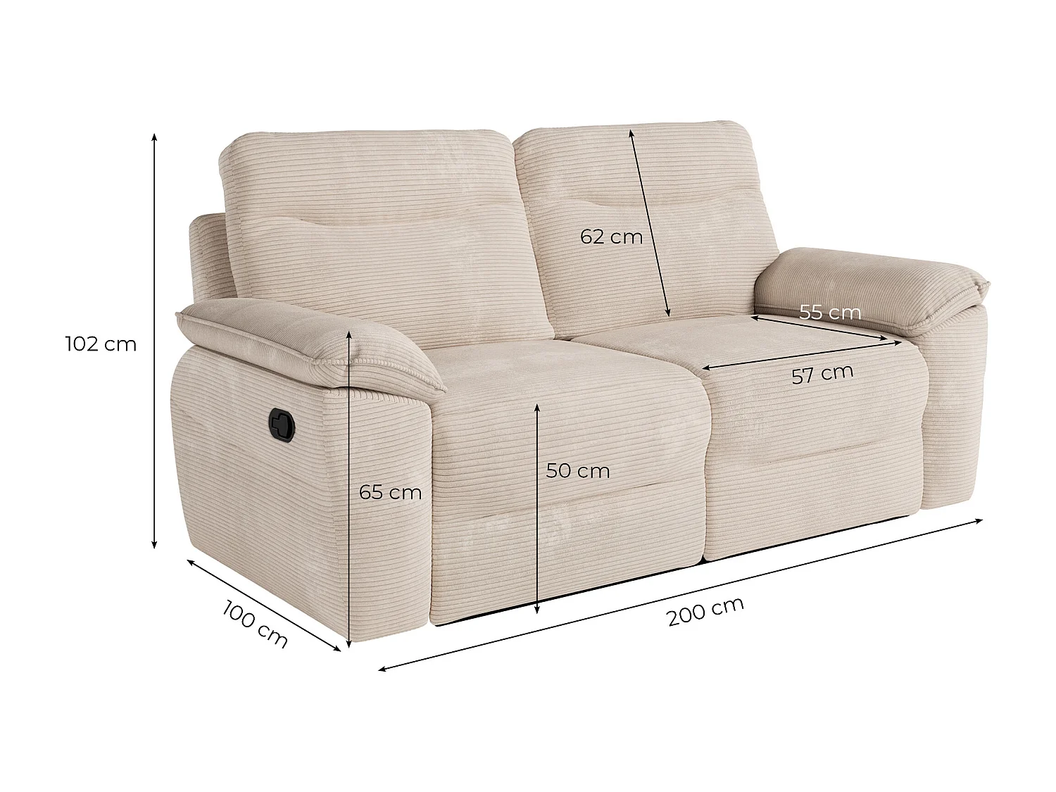 Canapé de relaxation manuel Ross 3 places en velours côtelé - Taupe - L200 x P100 x H102cm - Loungitude