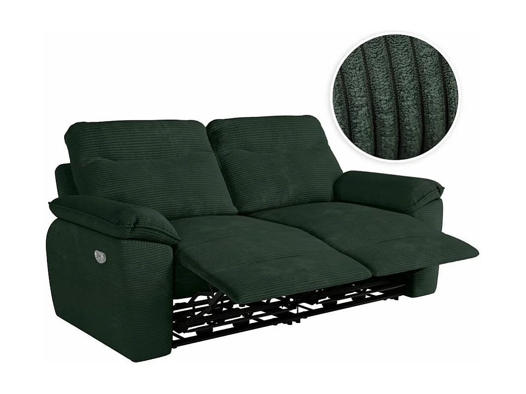 Canapé de relaxation électrique Ross 3 places en velours côtelé - Vert foncé - L200 x P100 x H102cm - Loungitude