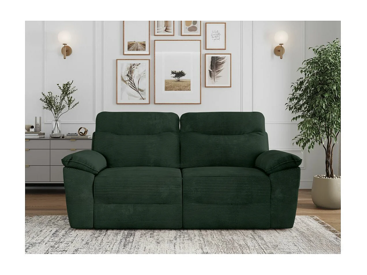 Canapé de relaxation électrique Ross 3 places en velours côtelé - Vert foncé - L200 x P100 x H102cm - Loungitude