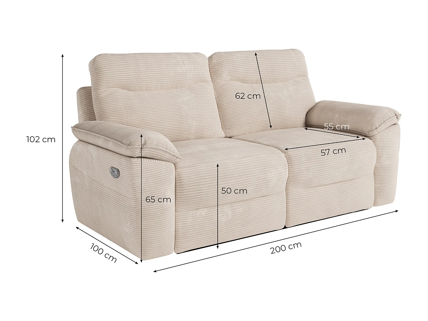 Canapé de relaxation électrique Ross 3 places en velours côtelé - Vert foncé - L200 x P100 x H102cm - Loungitude