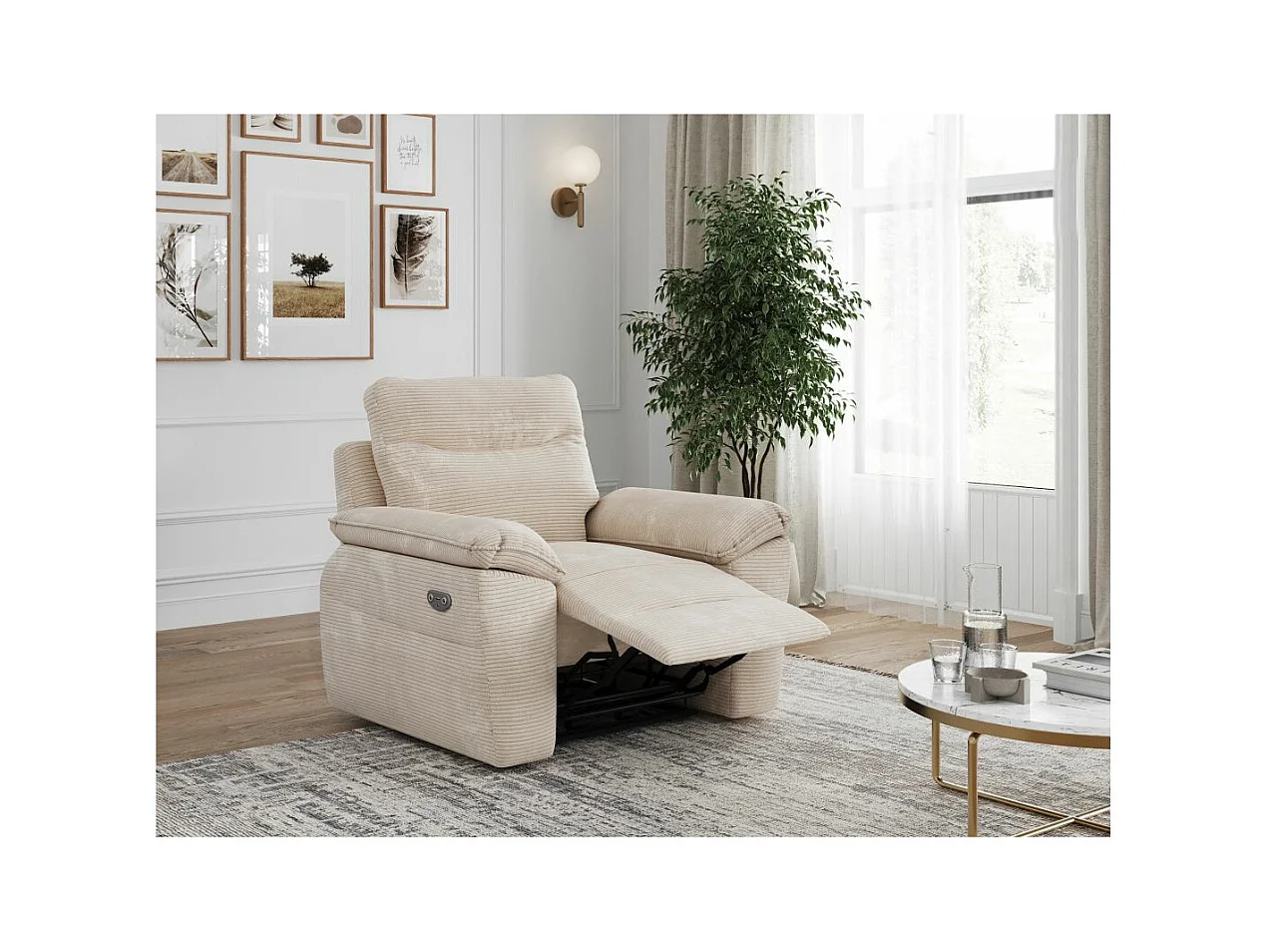 Fauteuil de relaxation électrique Ross en velours côtelé - Beige - L101 x P100 x H102cm - Loungitude