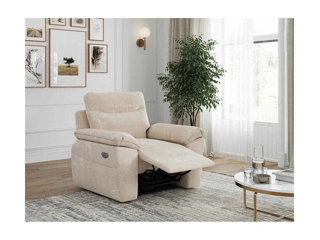 Fauteuil de relaxation électrique Ross en velours côtelé - Beige - L101 x P100 x H102cm - Loungitude