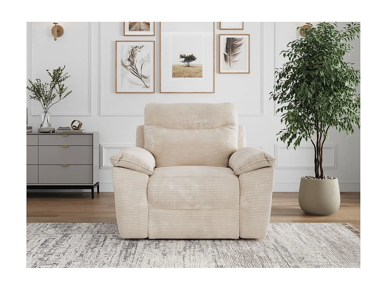 Fauteuil de relaxation électrique Ross en velours côtelé - Beige - L101 x P100 x H102cm - Loungitude