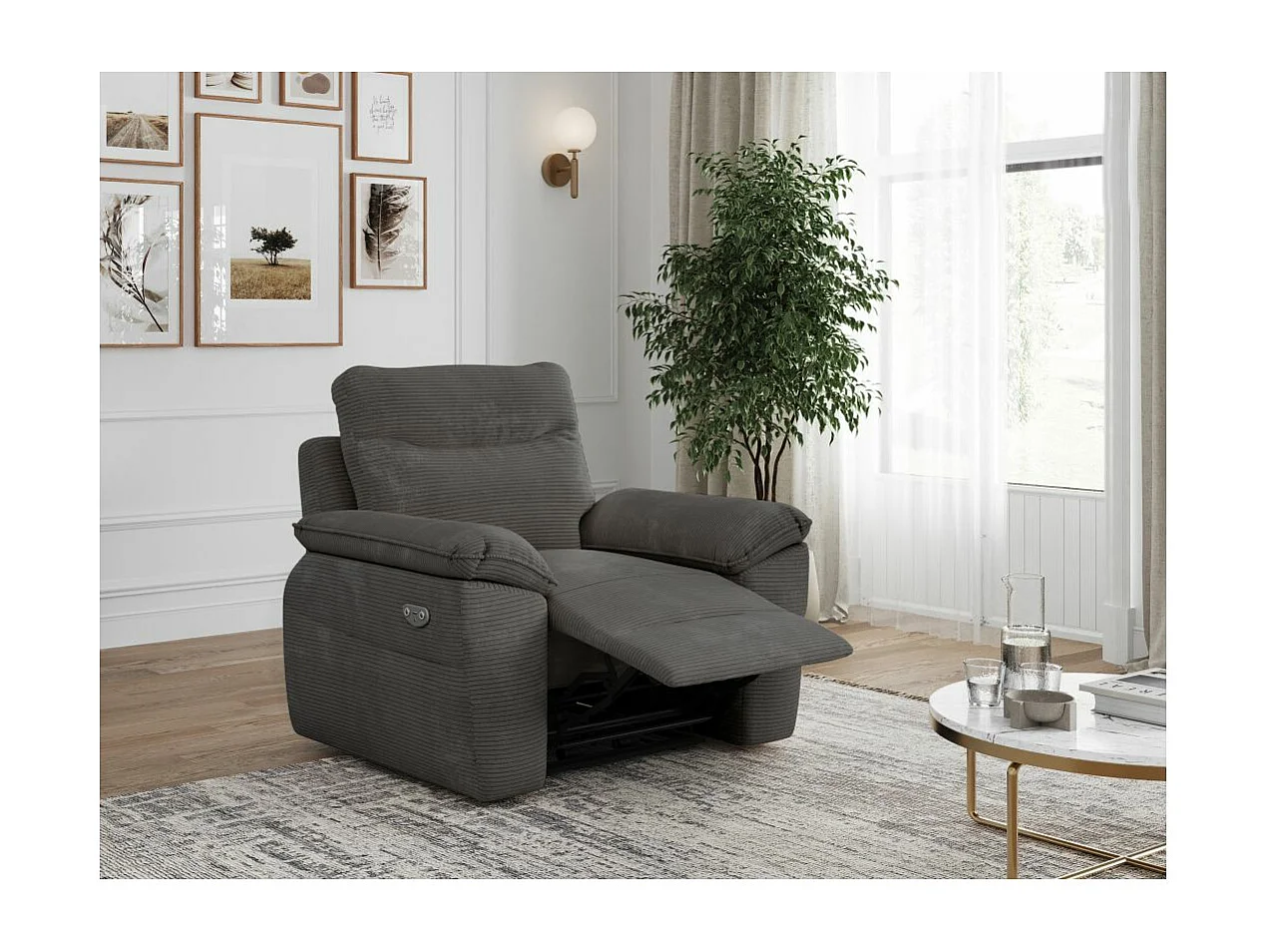 Fauteuil de relaxation électrique Ross en velours côtelé - Gris - L101 x P100 x H102cm - Loungitude
