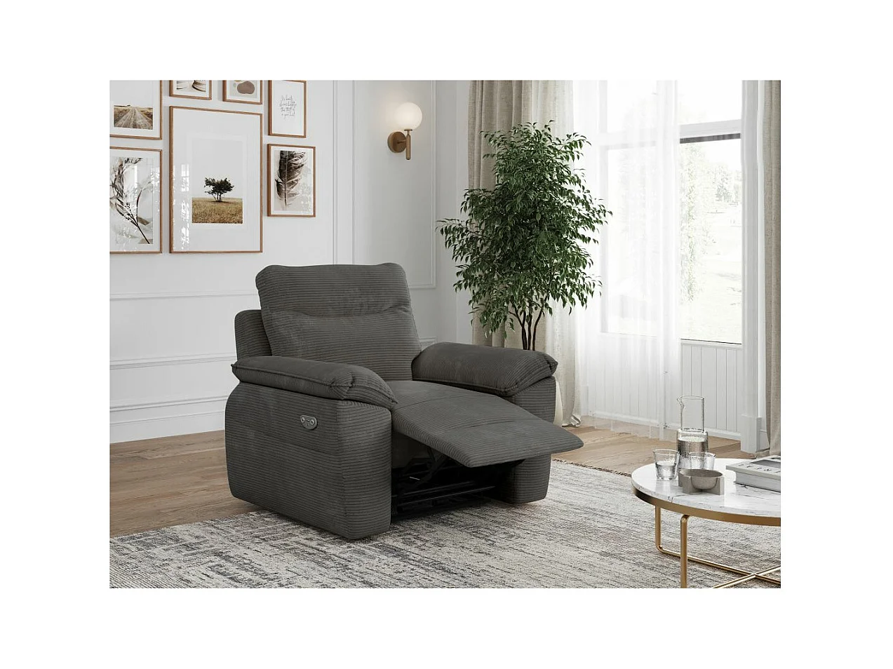 Fauteuil de relaxation électrique Ross en velours côtelé - Gris - L101 x P100 x H102cm - Loungitude