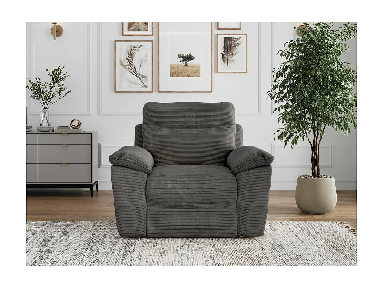 Fauteuil de relaxation électrique Ross en velours côtelé - Gris - L101 x P100 x H102cm - Loungitude