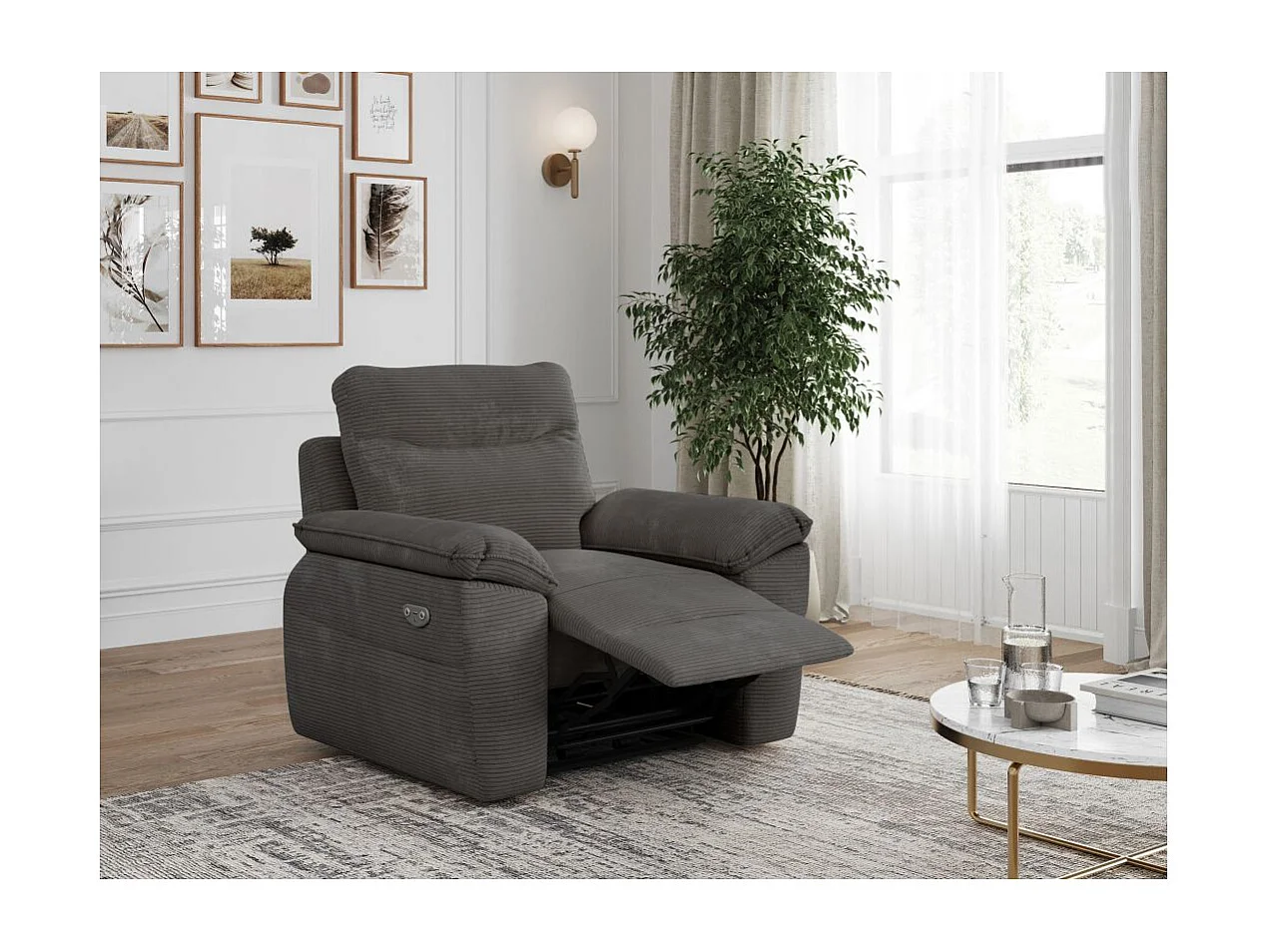 Fauteuil de relaxation électrique Ross en velours côtelé - Gris - L101 x P100 x H102cm - Loungitude