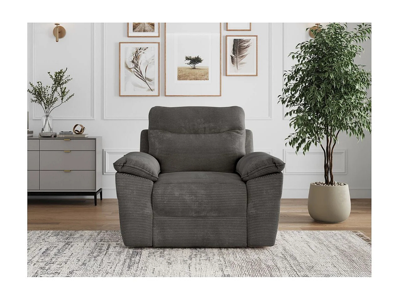 Fauteuil de relaxation électrique Ross en velours côtelé - Gris - L101 x P100 x H102cm - Loungitude