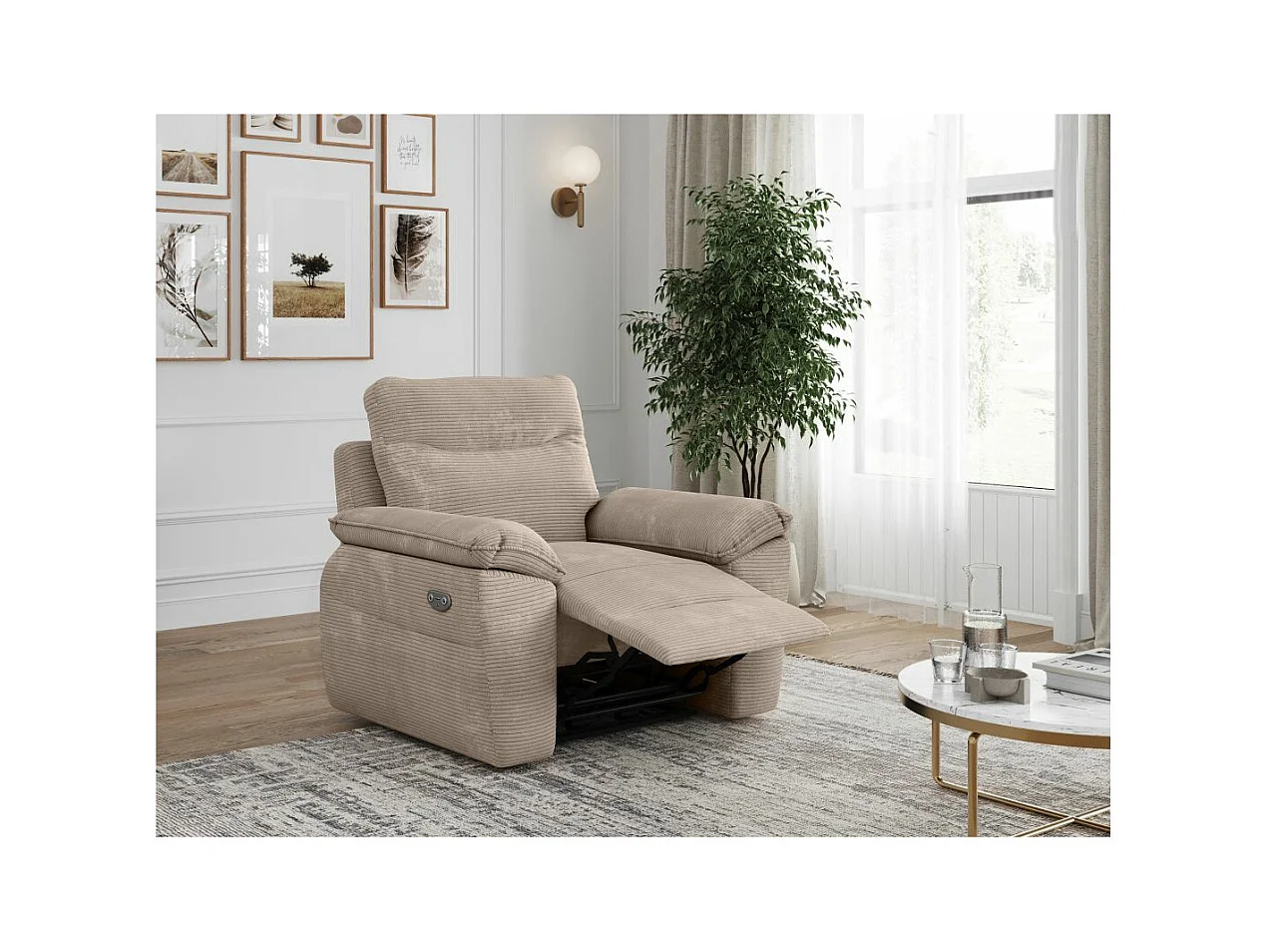 Fauteuil de relaxation électrique Ross en velours côtelé - Taupe - L101 x P100 x H102cm - Loungitude