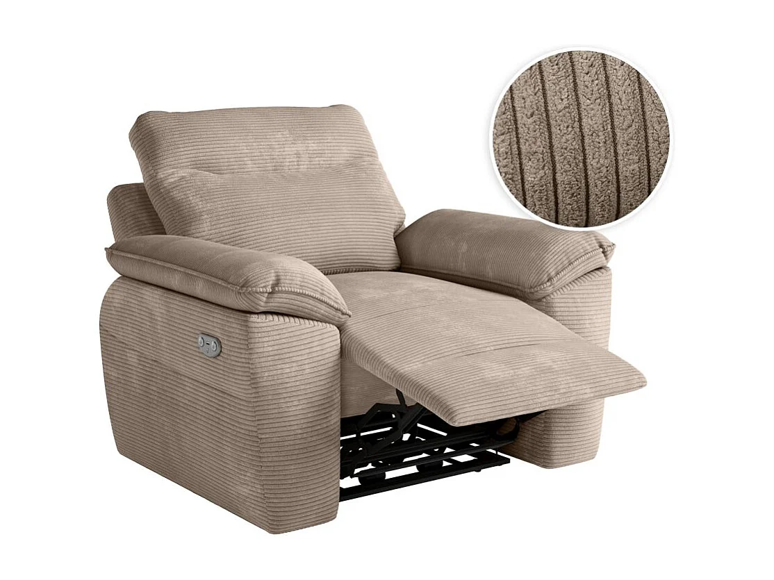 Fauteuil de relaxation électrique Ross en velours côtelé - Taupe - L101 x P100 x H102cm - Loungitude
