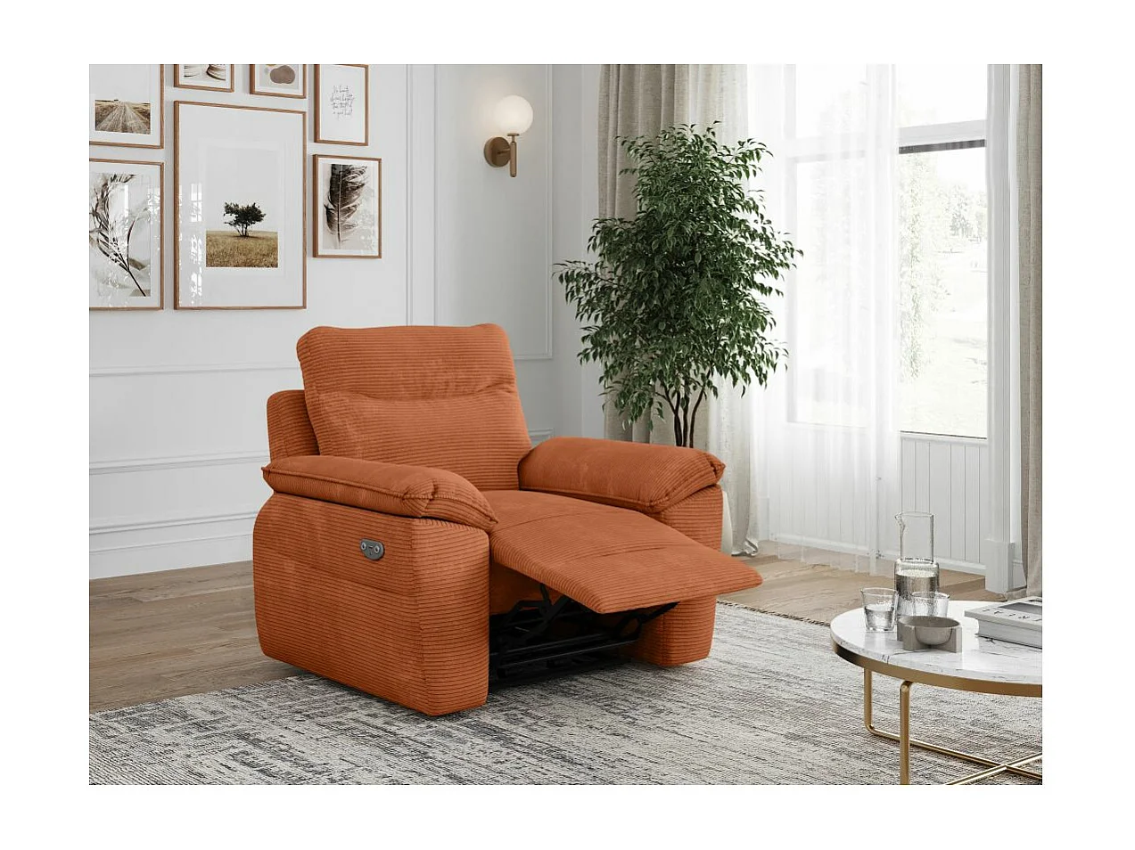 Fauteuil de relaxation électrique Ross en velours côtelé - Terracotta - L101 x P100 x H102cm - Loungitude