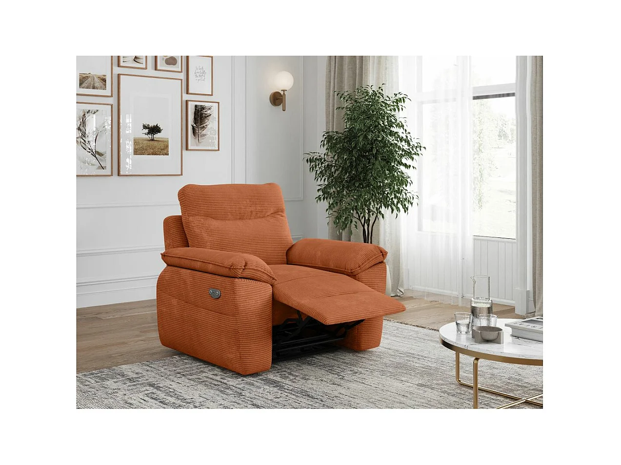 Fauteuil de relaxation électrique Ross en velours côtelé - Terracotta - L101 x P100 x H102cm - Loungitude