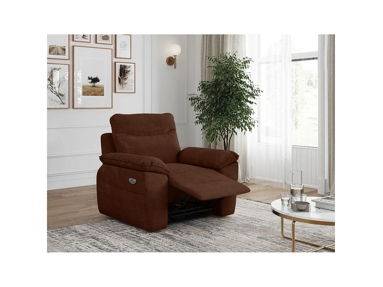 Fauteuil de relaxation électrique Ross en velours côtelé - Marron - L101 x P100 x H102cm - Loungitude