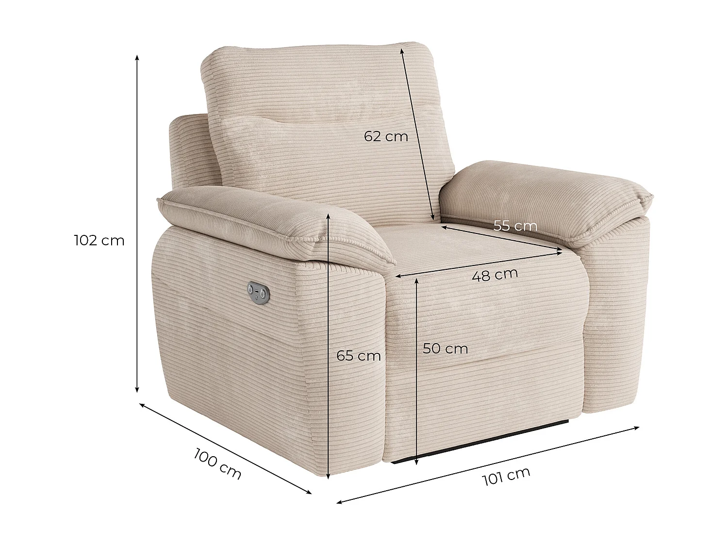 Fauteuil de relaxation électrique Ross en velours côtelé - Marron - L101 x P100 x H102cm - Loungitude