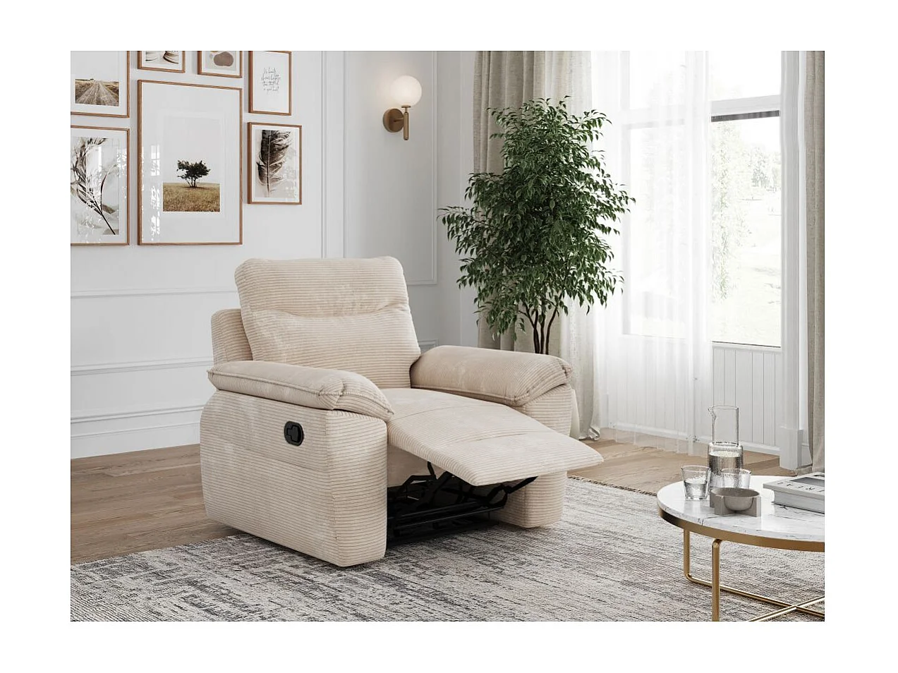 Fauteuil de relaxation manuel Ross en velours côtelé - Beige - L101 x P100 x H102cm - Loungitude
