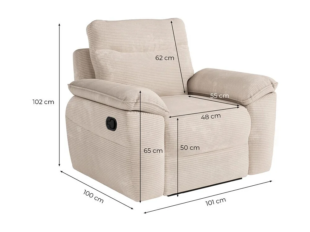 Fauteuil de relaxation manuel Ross en velours côtelé - Beige - L101 x P100 x H102cm - Loungitude