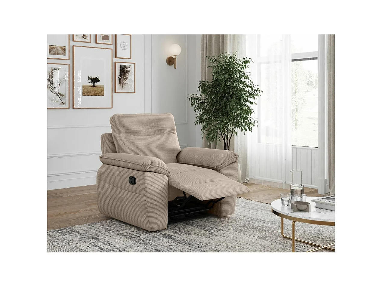 Fauteuil de relaxation manuel Ross en velours côtelé - Taupe - L101 x P100 x H102cm - Loungitude