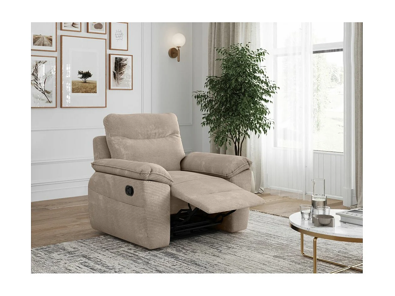 Fauteuil de relaxation manuel Ross en velours côtelé - Taupe - L101 x P100 x H102cm - Loungitude