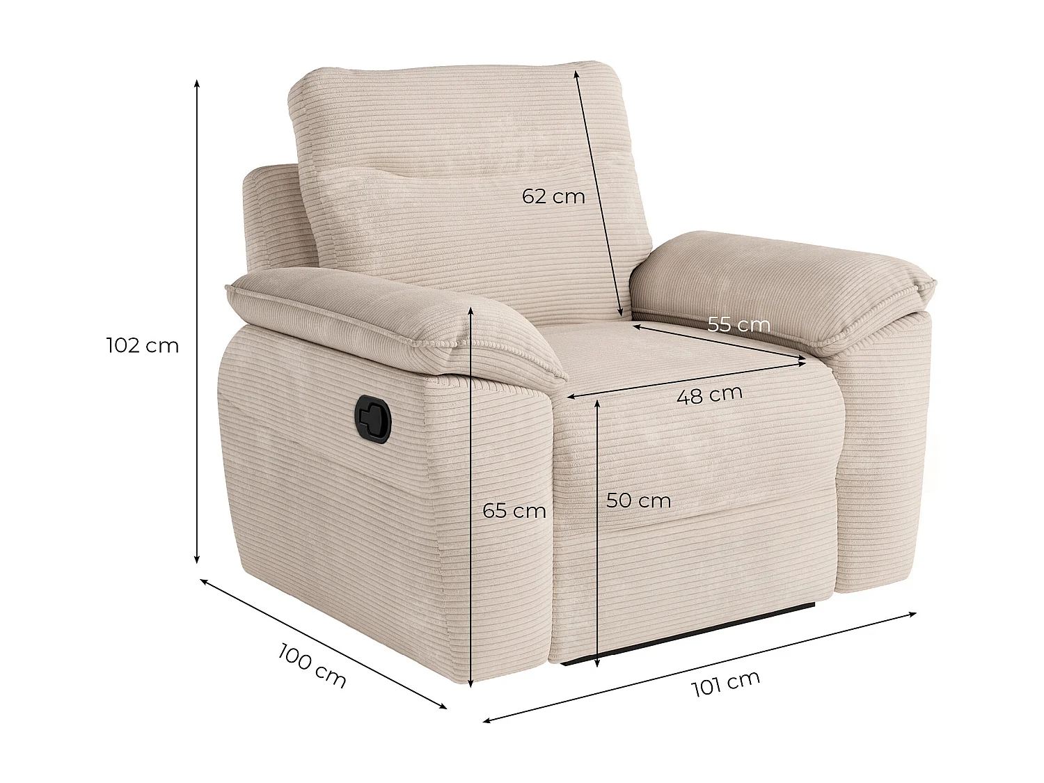 Fauteuil de relaxation manuel Ross en velours côtelé - Taupe - L101 x P100 x H102cm - Loungitude