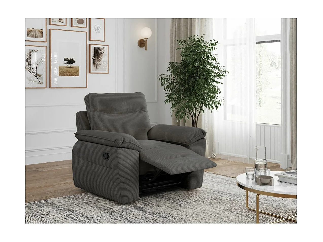 Fauteuil de relaxation manuel Ross en velours côtelé - Gris - L101 x P100 x H102cm - Loungitude