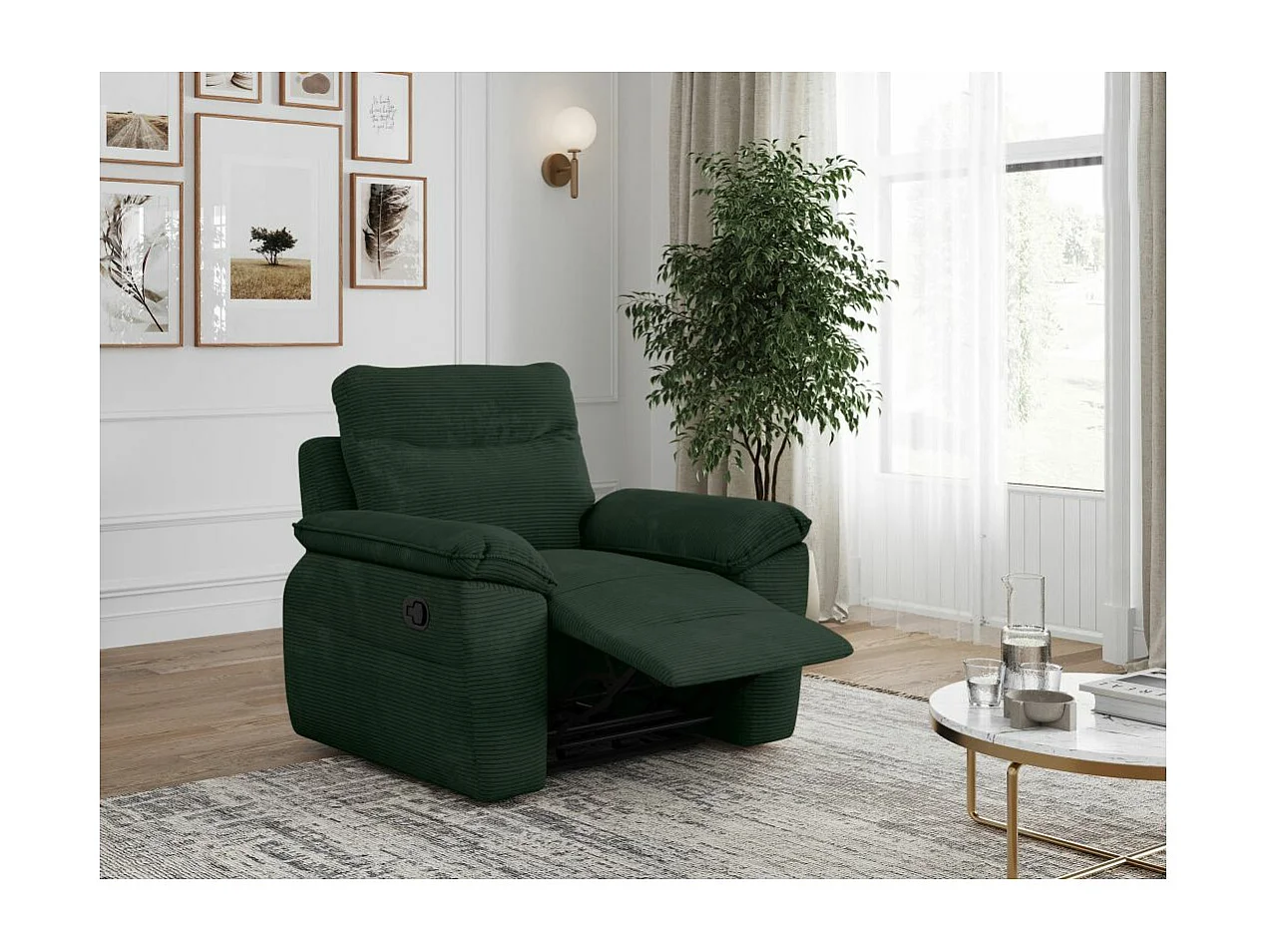 Fauteuil de relaxation manuel Ross en velours côtelé - Vert foncé - L101 x P100 x H102cm - Loungitude
