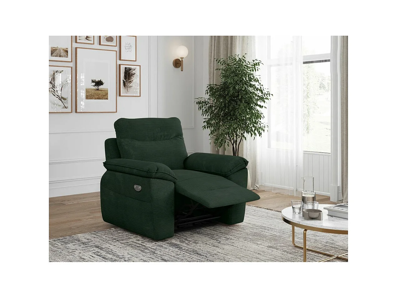 Fauteuil de relaxation électrique Ross en velours côtelé - Vert foncé - L101 x P100 x H102cm - Loungitude