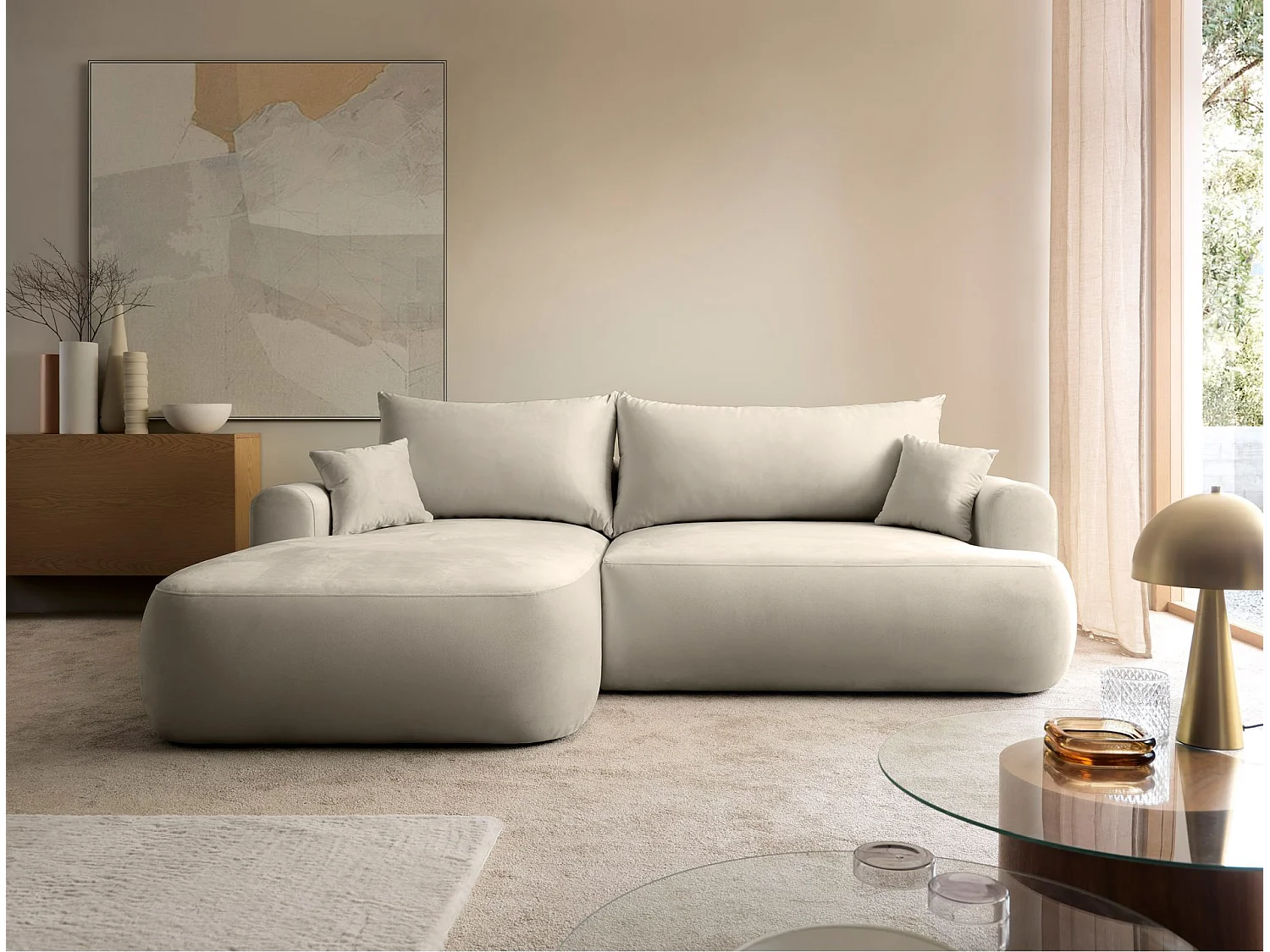 Canapé d'angle réversible - en velours beige clair- côté gauche - OVO L