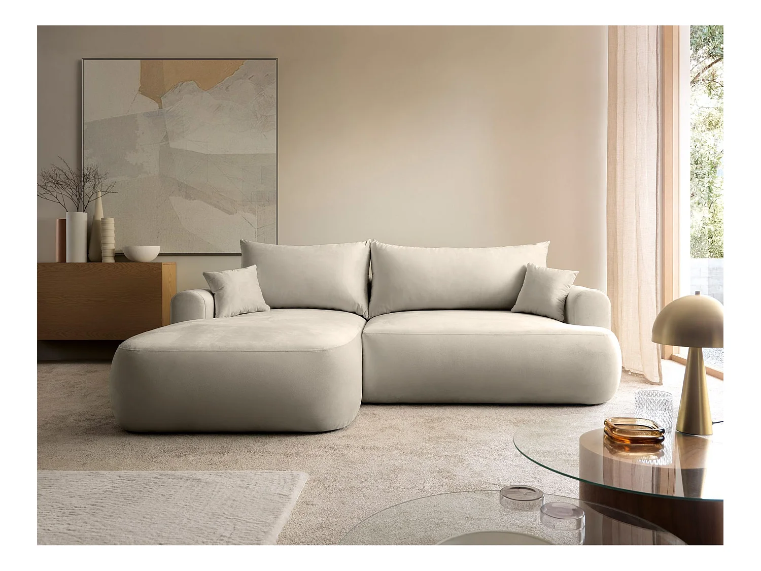 Canapé d'angle réversible - en velours beige clair- côté gauche - OVO L