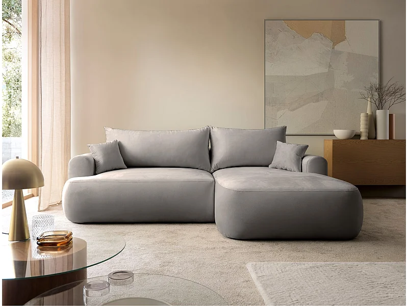 Ecksofa mit Schlaffunktion, Stauraum und Samtbezug - hellgrau - rechts - OVO