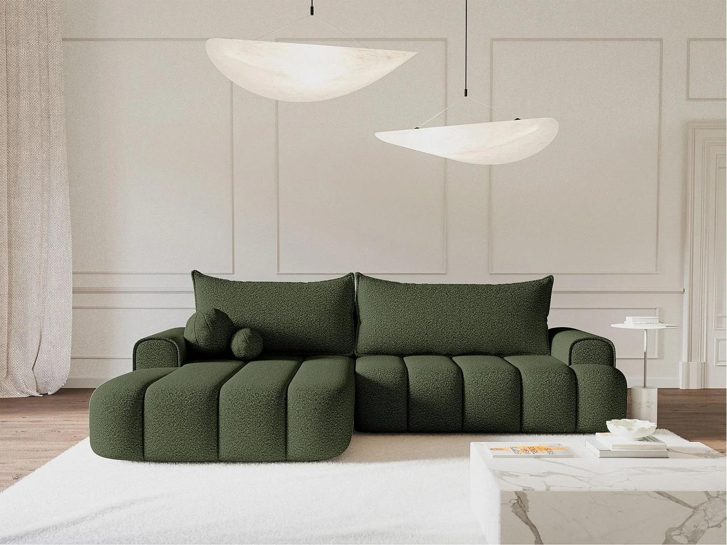 Canapé d'angle convertible - en bouclé vert olive avec revêtement - côté gauche - DANDELINO