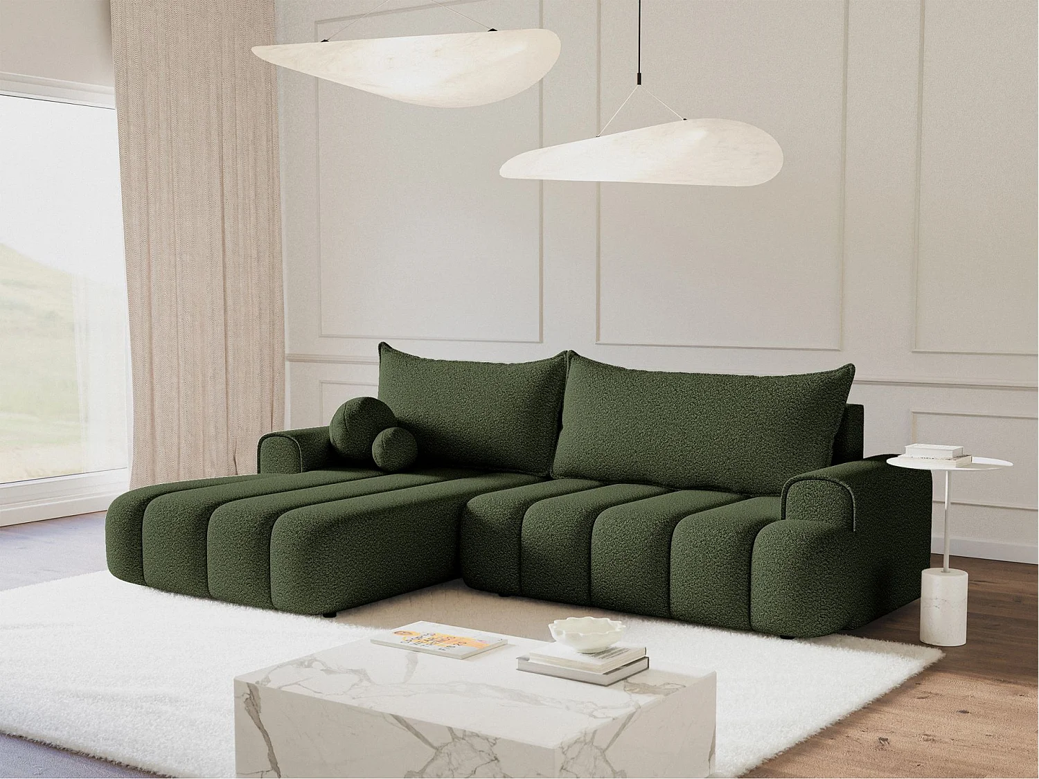Canapé d'angle convertible - en bouclé vert olive avec revêtement - côté gauche - DANDELINO