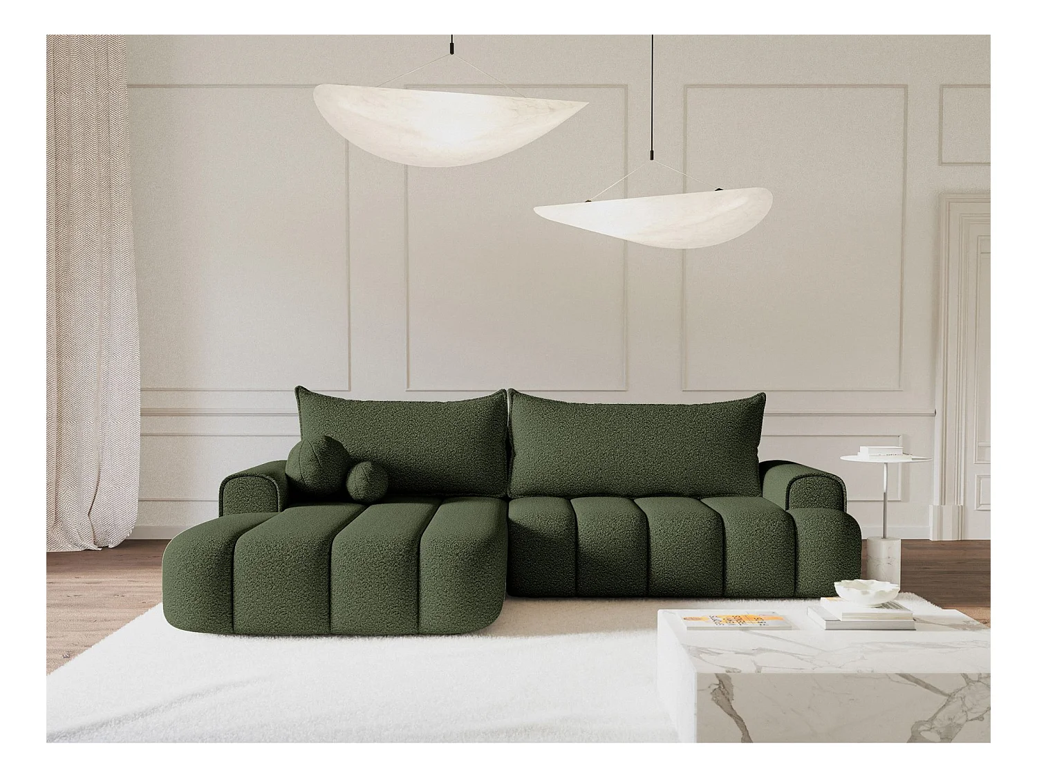 Canapé d'angle convertible - en bouclé vert olive avec revêtement - côté gauche - DANDELINO
