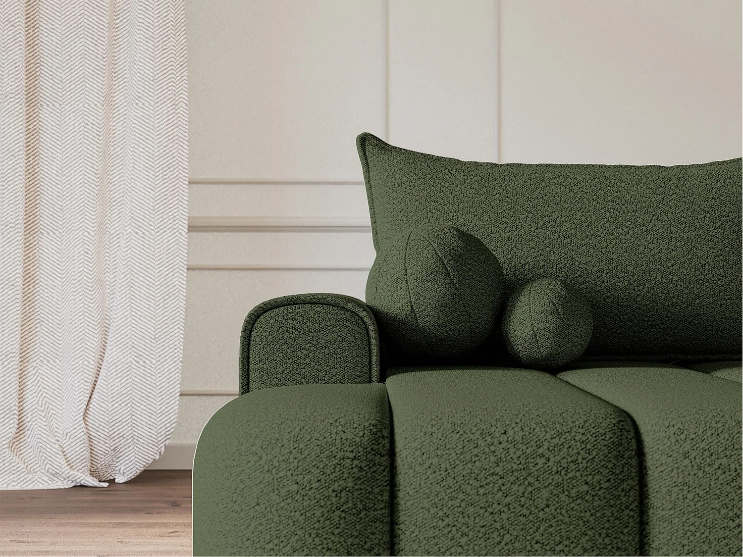 Canapé d'angle convertible - en bouclé vert olive avec revêtement - côté gauche - DANDELINO