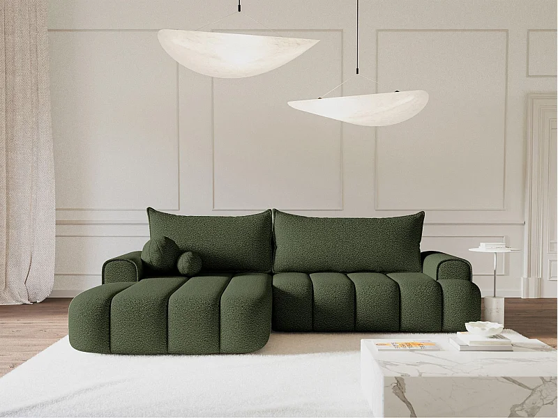 Canapé d'angle convertible - en bouclé vert olive avec revêtement - côté gauche - DANDELINO