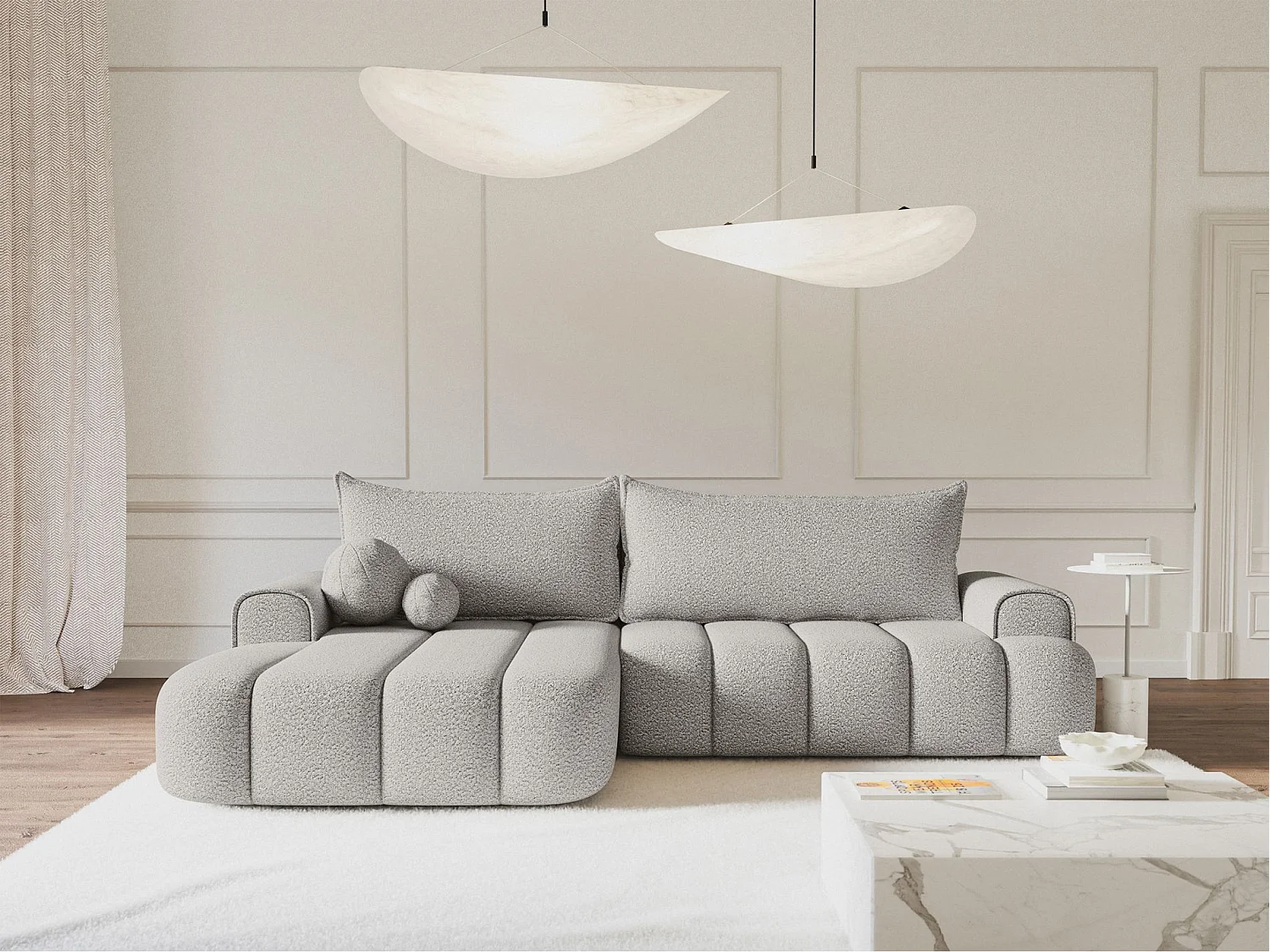 Canapé d'angle convertible - en bouclé gris clair avec revêtement - côté gauche - DANDELINO