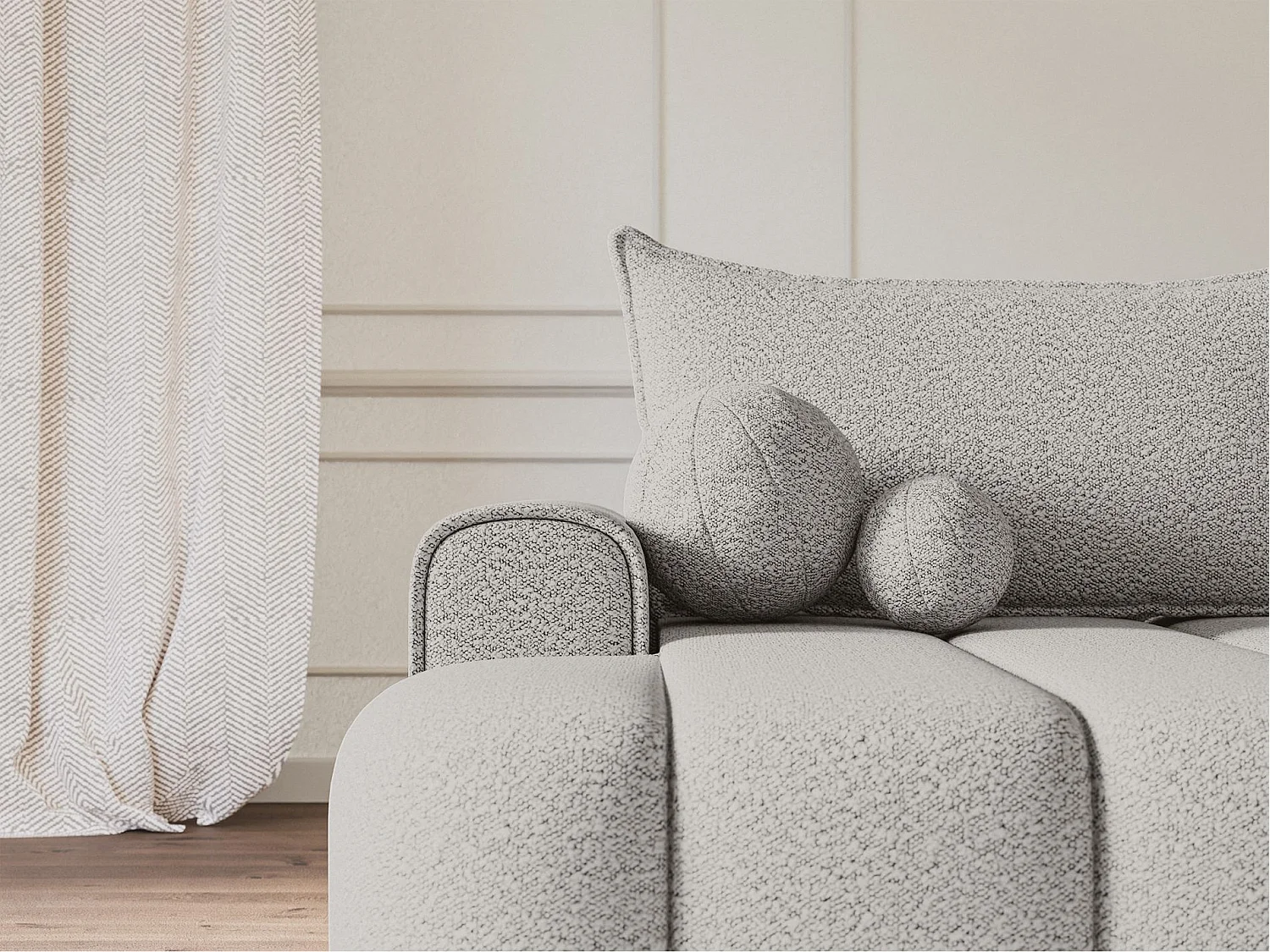 Canapé d'angle convertible - en bouclé gris clair avec revêtement - côté gauche - DANDELINO