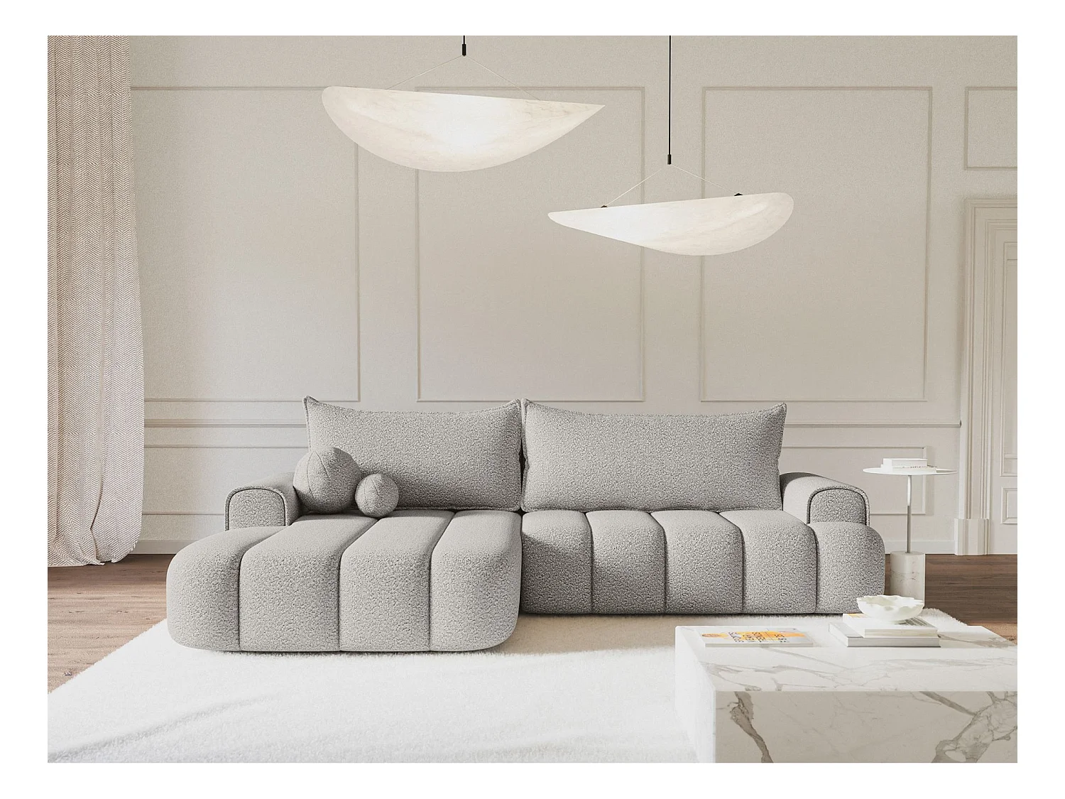 Canapé d'angle convertible - en bouclé gris clair avec revêtement - côté gauche - DANDELINO