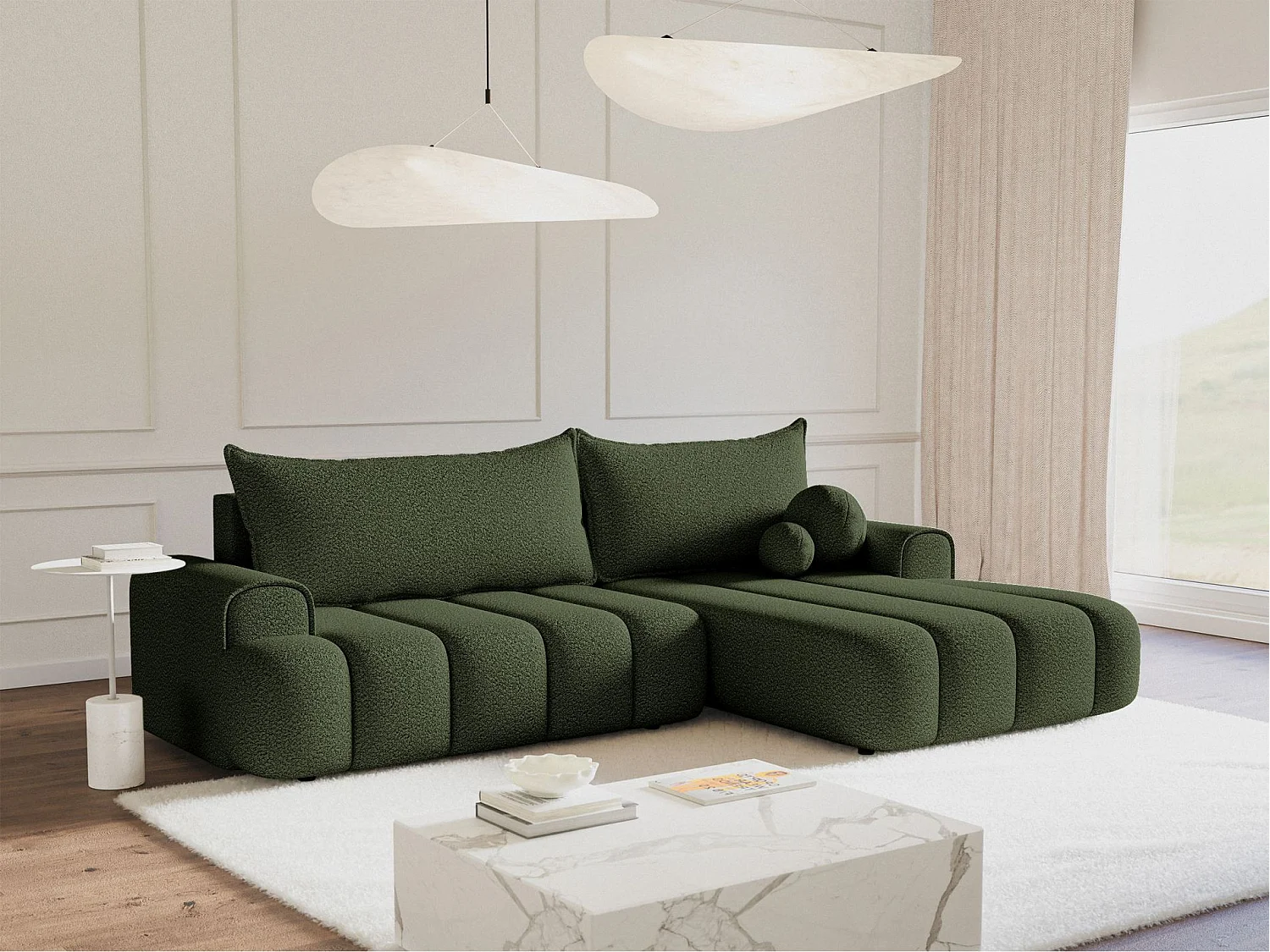 Canapé d'angle convertible - en bouclé vert olive avec revêtement - côté droit - DANDELINO