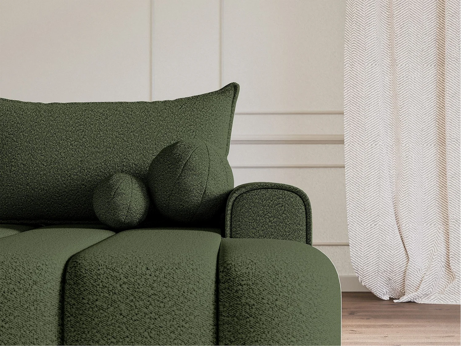 Canapé d'angle convertible - en bouclé vert olive avec revêtement - côté droit - DANDELINO