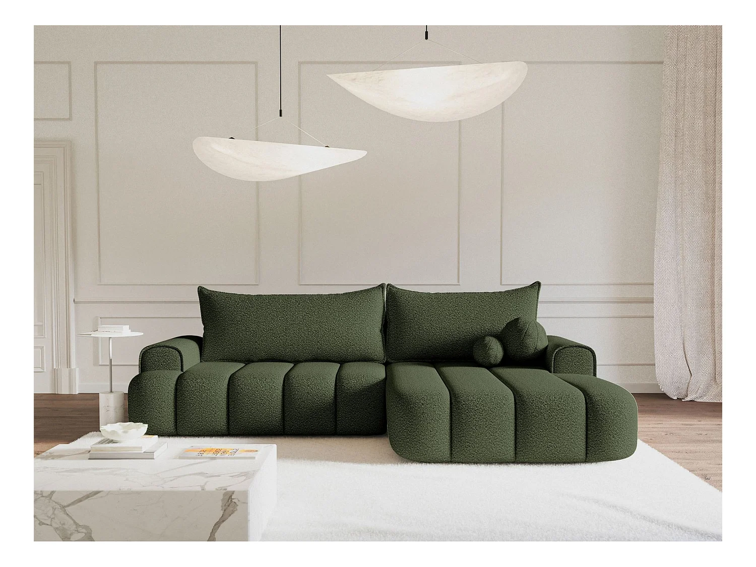 Canapé d'angle convertible - en bouclé vert olive avec revêtement - côté droit - DANDELINO