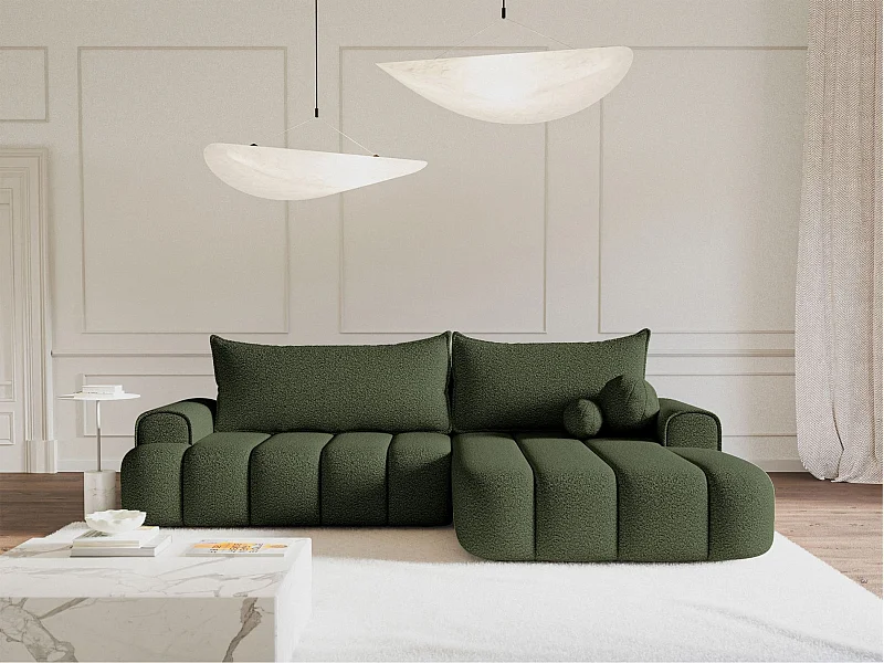 Canapé d'angle convertible - en bouclé vert olive avec revêtement - côté droit - DANDELINO